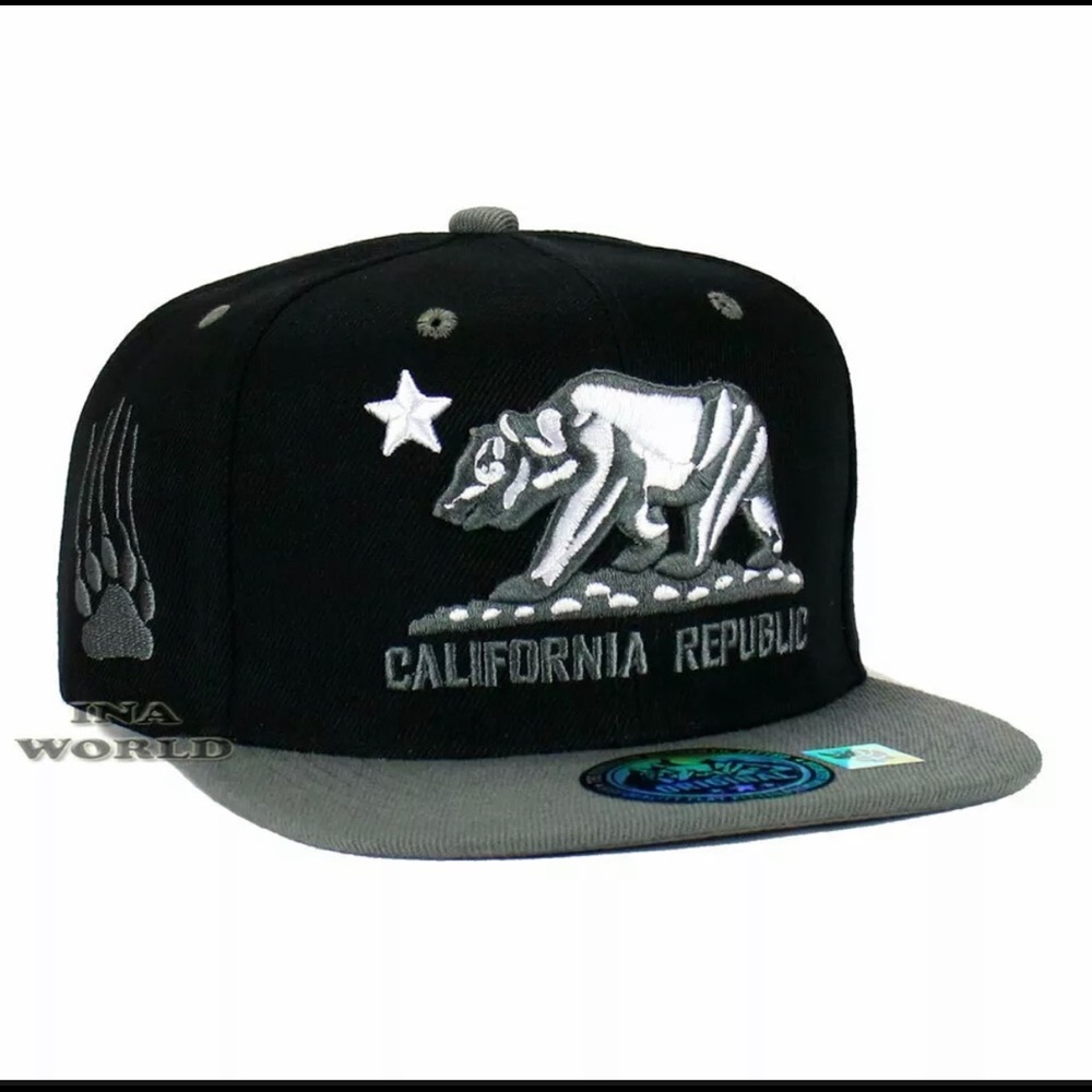 California Republic Hat Bear Logo Embroidered Snapback Flat Bill Baseball Cap
